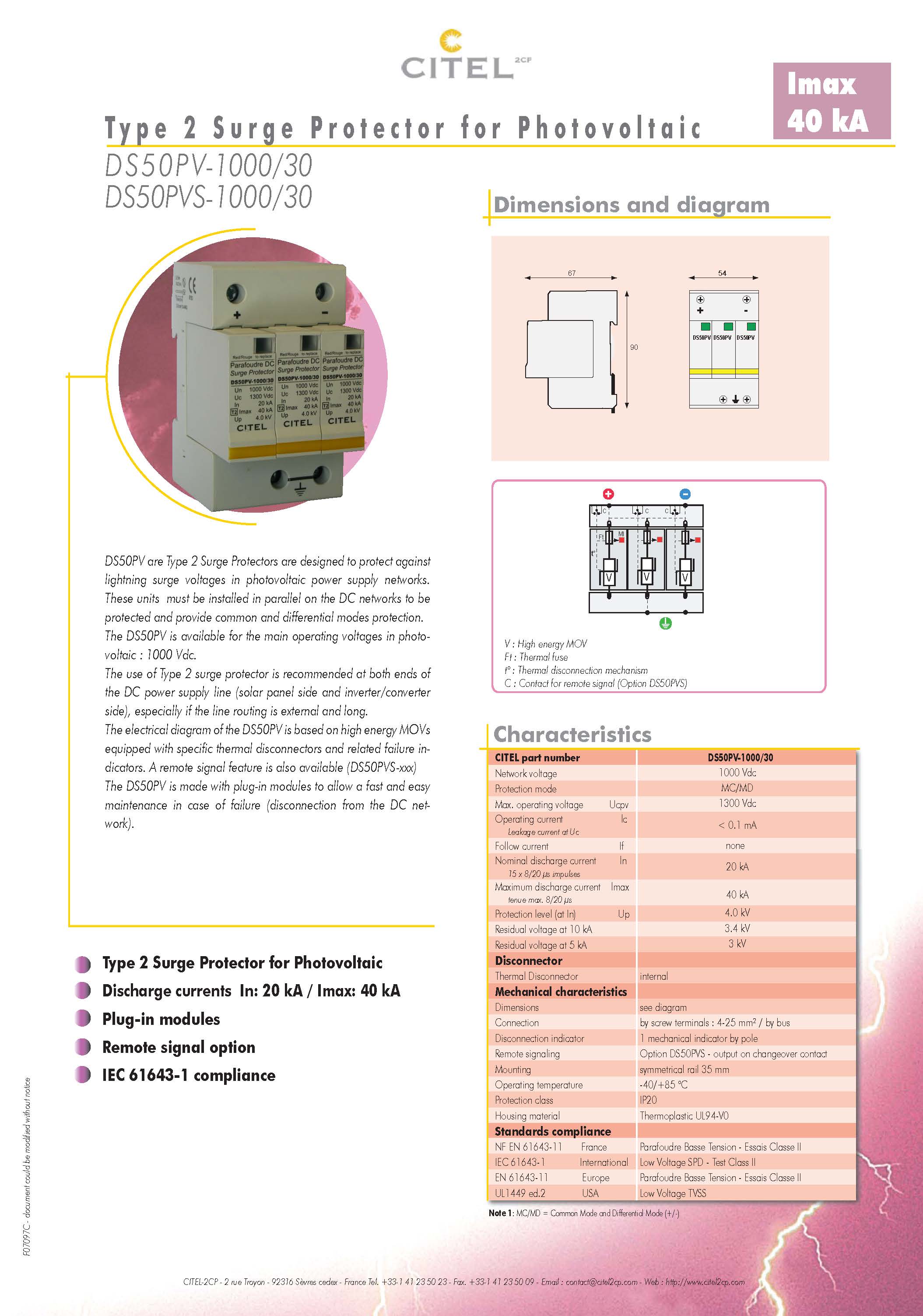 直流防雷器DS50PV-1000-30系列技術(shù)參數(shù)