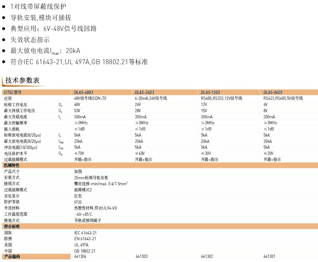 DLC超薄系列信號防雷器技術(shù)參數(shù)